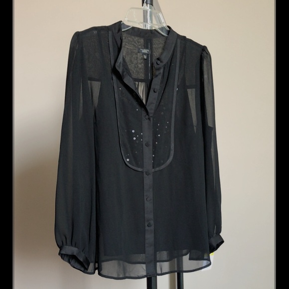 Talbots size 16 petite black sheer tuxedo sequin long sleeve top and slip tank - Picture 1 of 3